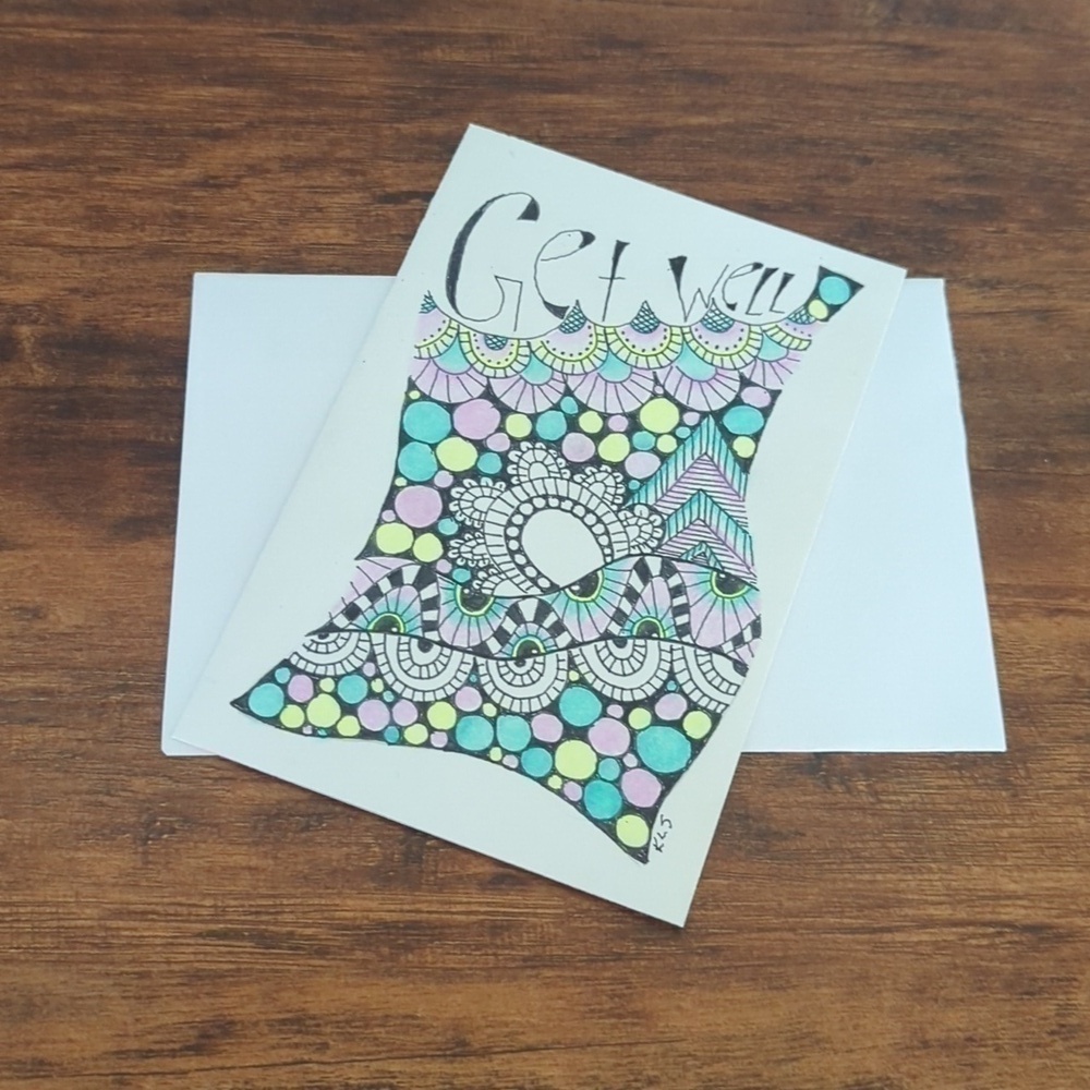 🌻 5/$20 Handmade Zentangle Card- Blue, Purpke & Blue-Get Well Card